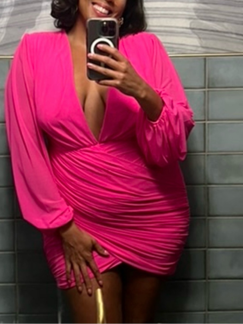 Plunging Ruched Mini Dress in Bright Pink
